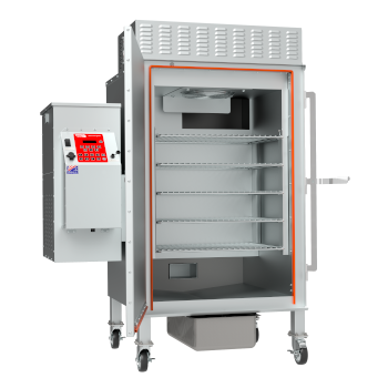 Cookshack FEC120 pellet fired smoker oven interior with five 23 by 17 inch shelves