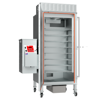 Cookshack FEC240 pellet fired smoker oven interior with eight 23 by 17 inch shelves