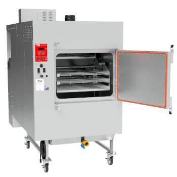 Cookshack FEC300-18 rotisserie smoker oven interior with twelve 18 by 25 inch racks