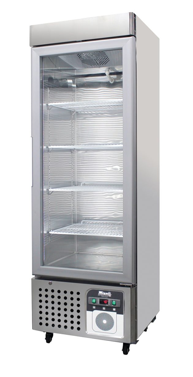 Migali Industries G-1MRG-HC Medical-Grade Refrigerator 11.1 Cu. Ft. - midsize single glass door upright with wire shelves, front quarter view