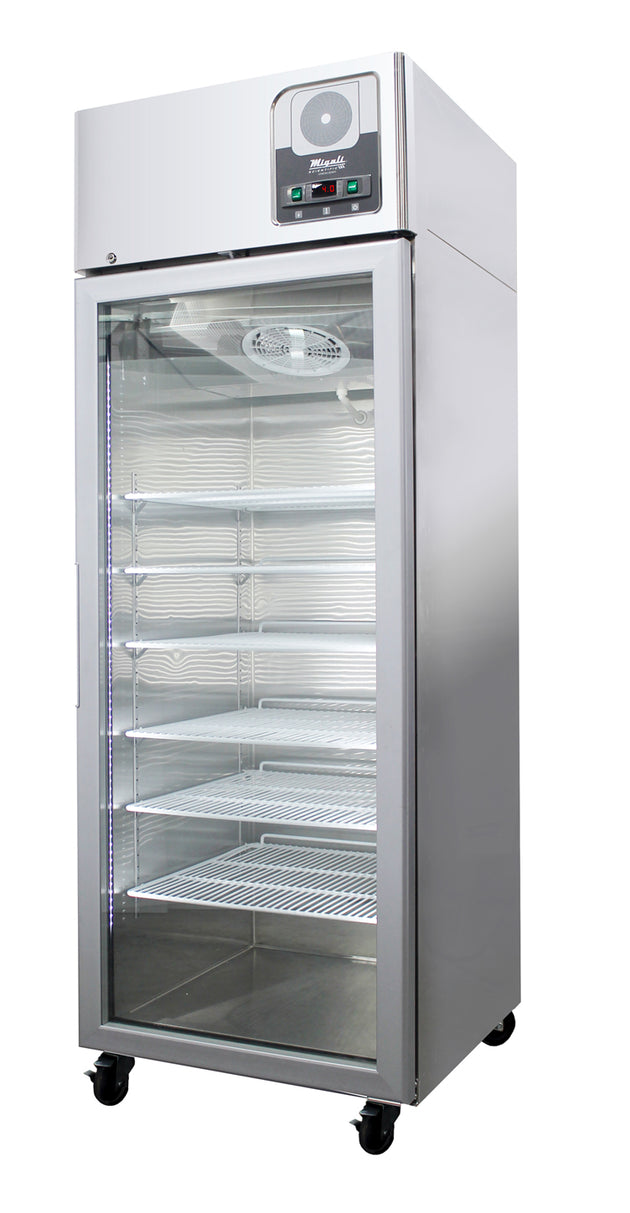 Migali Industries G-1RG-HC Medical-Grade Refrigerator 21.4 Cu. Ft. - single glass door upright with wire shelves, front quarter view
