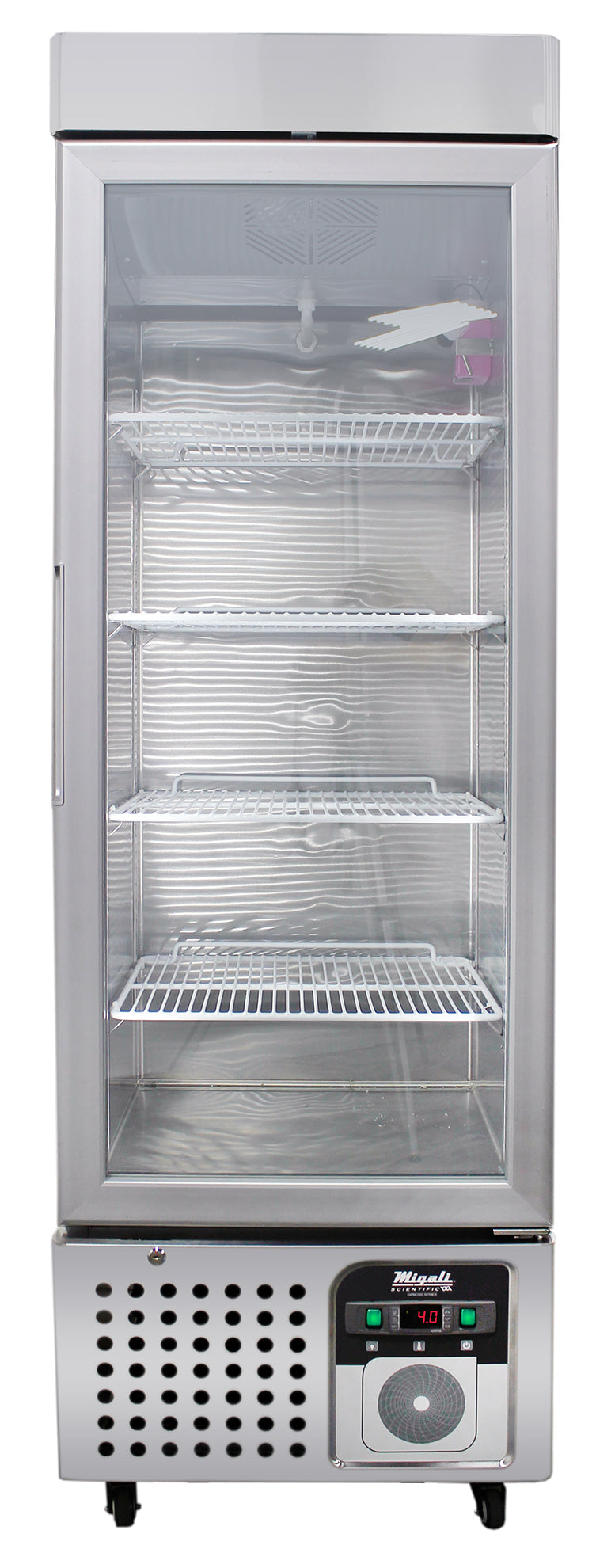 Migali Industries G-1MRG-HC Medical-Grade Refrigerator 11.1 Cu. Ft. - midsize single glass door upright, straight-on front view