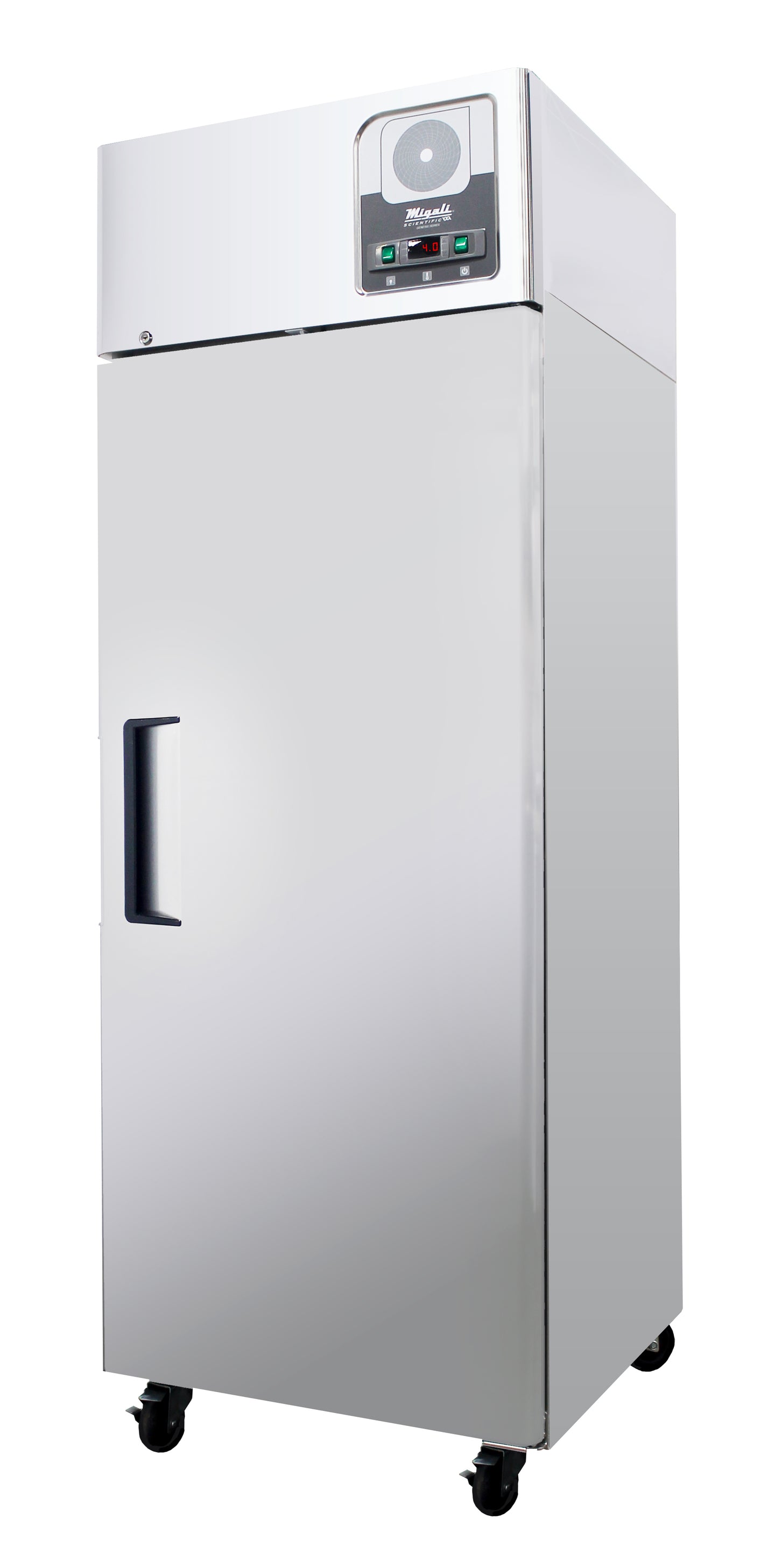 Migali Industries G-1R-HC Medical-Grade Refrigerator 21.4 Cu. Ft. - single solid door upright, stainless steel, front quarter view