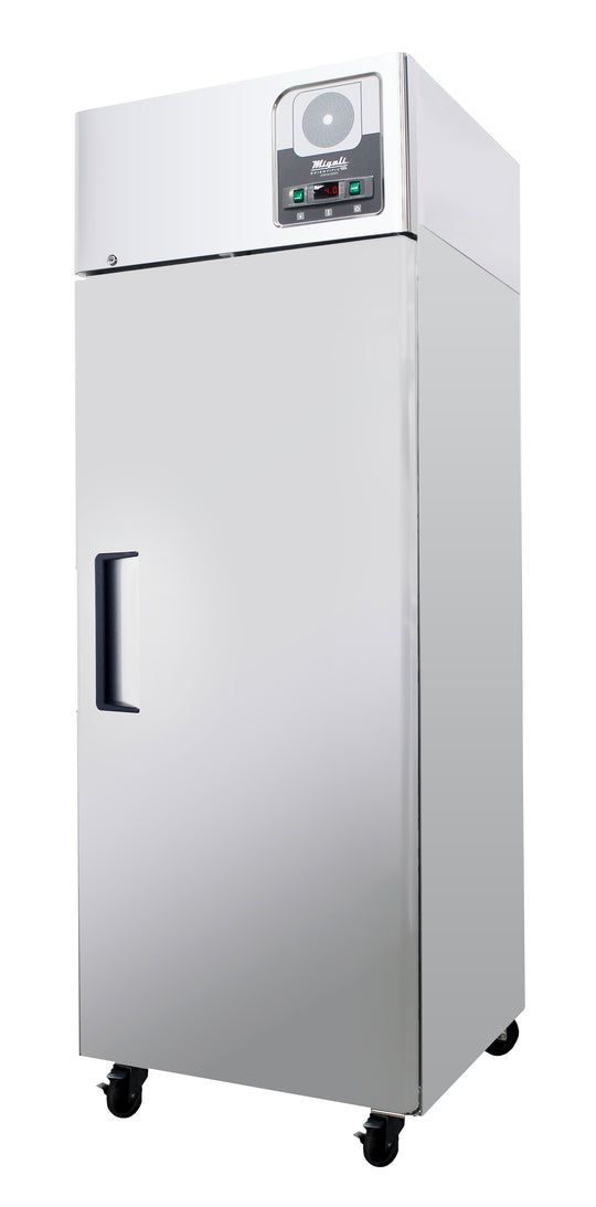 Migali Industries G-1R-HC Medical-Grade Refrigerator 21.4 Cu. Ft. - single solid door upright, stainless steel, front quarter view
