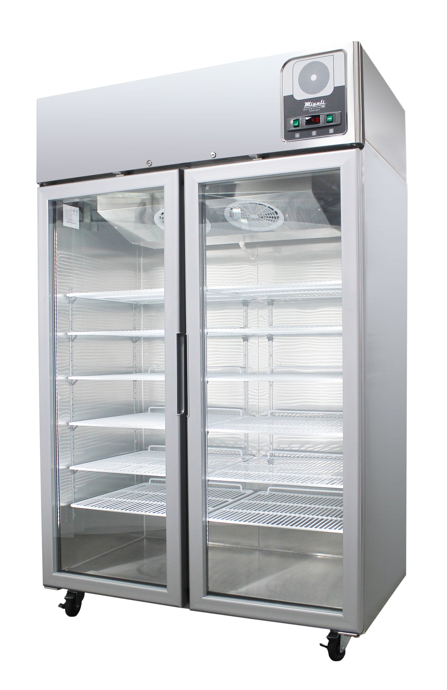 Migali Industries G-2RG-HC Medical-Grade Refrigerator - two glass door upright with wire shelves, front quarter view
