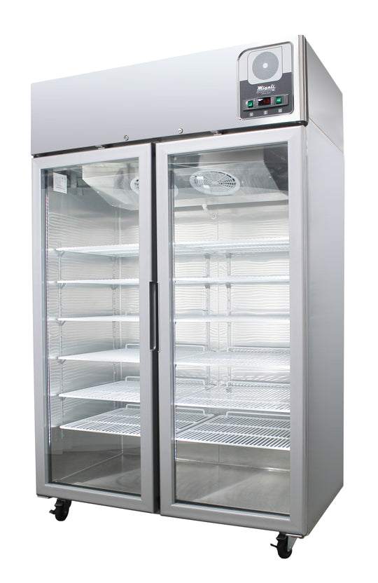 Migali Industries G-2RG-HC Medical-Grade Refrigerator - two glass door upright with wire shelves, front quarter view