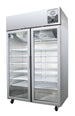 Migali Industries G-2RG-HC Medical-Grade Refrigerator - two glass door upright with wire shelves, front quarter view