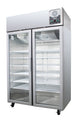 Migali Industries G-2RG-HC Medical-Grade Refrigerator - two glass door upright with wire shelves, front quarter view