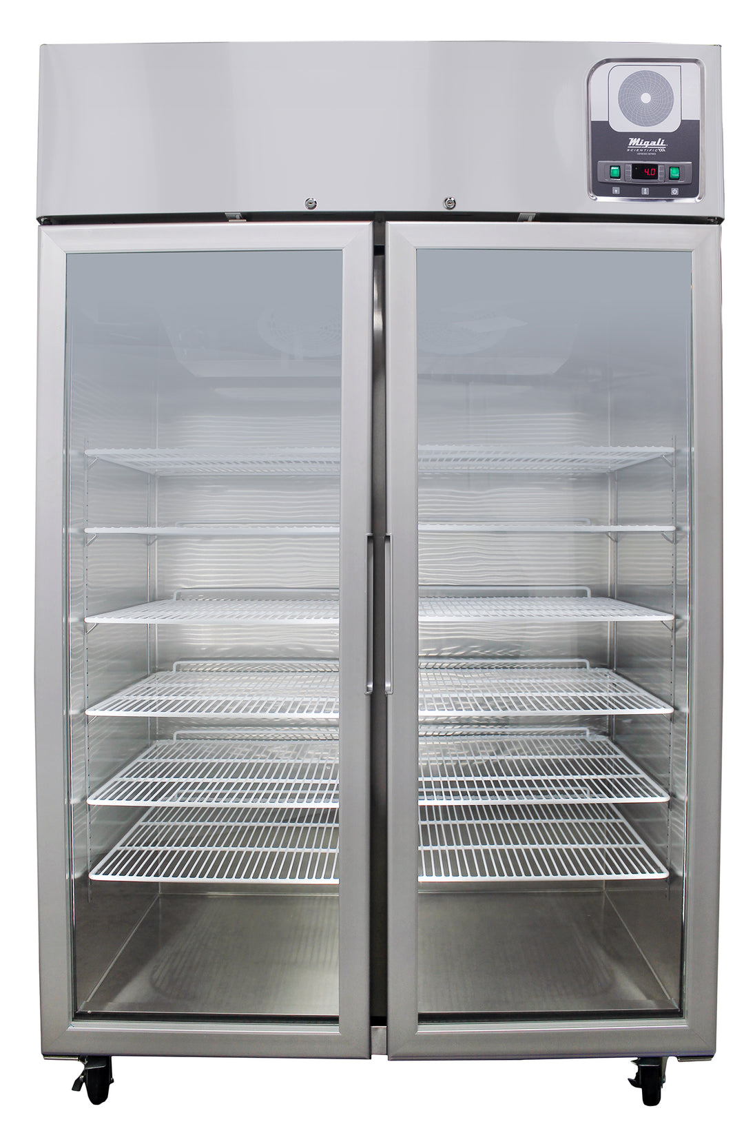 Migali Industries G-2RG-HC Medical-Grade Refrigerator - two glass door upright, straight-on front view