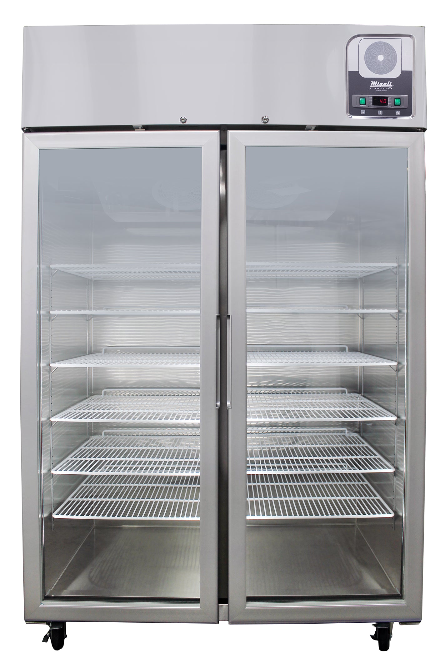 Migali Industries G-2RG-HC Medical-Grade Refrigerator - two glass door upright, straight-on front view