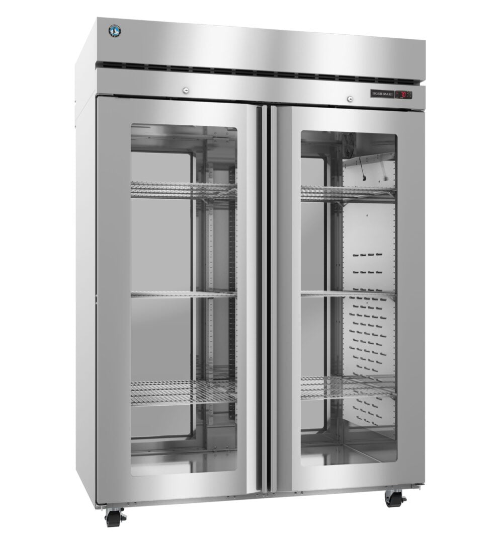 Hoshizaki HC2A-FGE-FGE two section pass-thru Steelheart heated holding cabinet with full glass doors, right side view