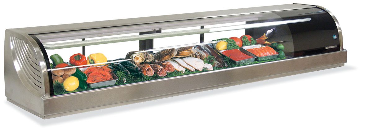 Hoshizaki HNC-210BA sushi case interior with plated food on radius groove plates