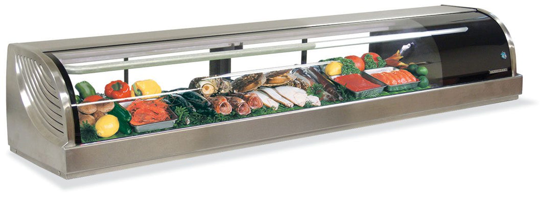 Hoshizaki HNC-210BA sushi case interior with plated food on radius groove plates