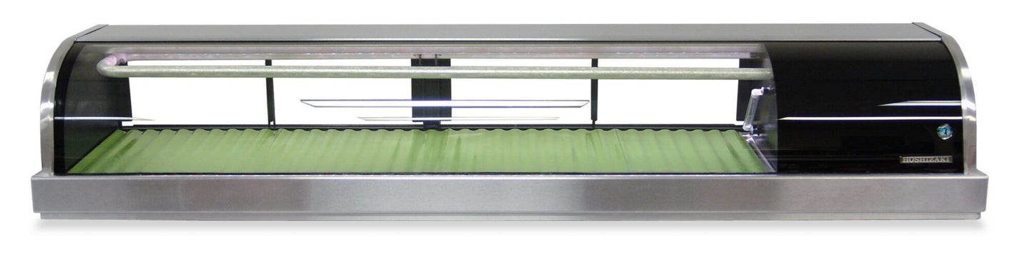 Front view of the Hoshizaki HNC-210BA sushi display case curved glass