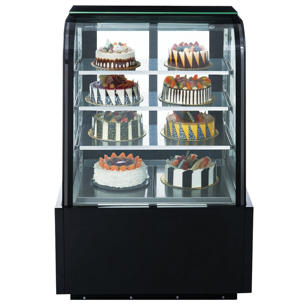 Dukers DDM36R-CB bakery display case interior with three shelves and LED lighting