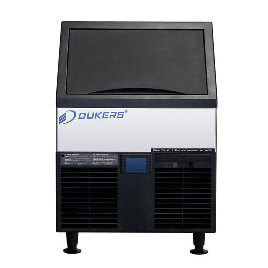 Dukers DIM-150 ice machine with bin door open showing ice storage