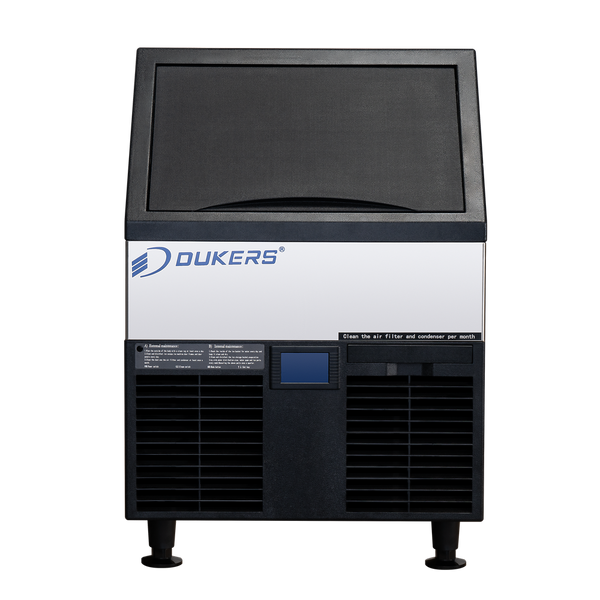 Dukers DIM-300 ice machine with bin door open showing ice storage