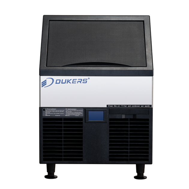 Dukers DIM-300 ice machine with bin door open showing ice storage