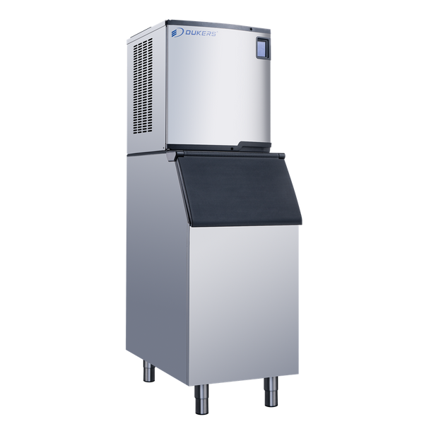 Dukers DIM-500A air-cooled commercial ice machine on 352 lb storage bin