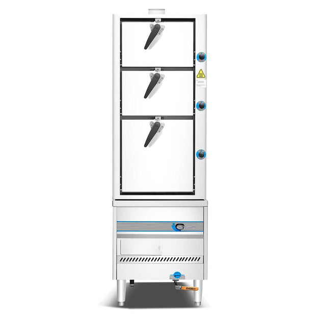 DCSC36 steam cabinet angled view showing stainless steel body and stacked compartments