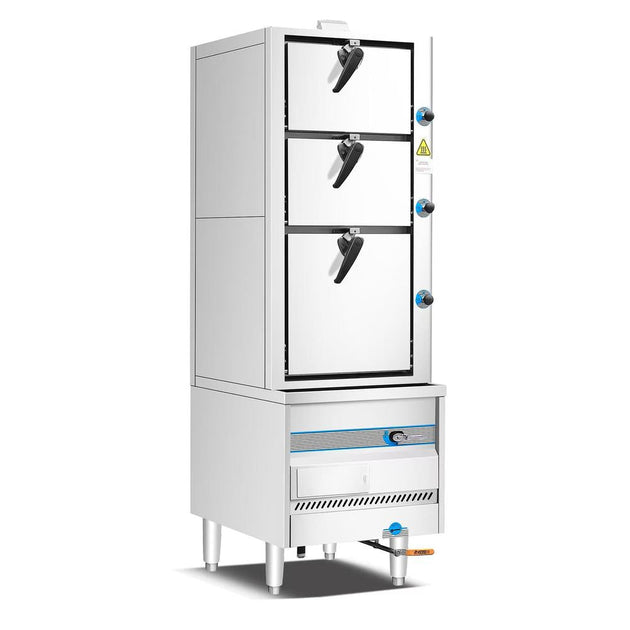 Dukers DCSC24 24 inch stainless steel gas steam cabinet, front view with three chamber doors closed