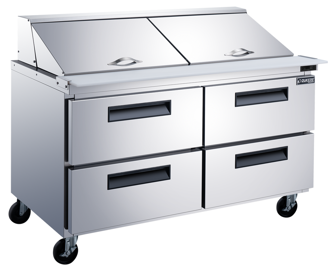 Dukers DSP60-24M-D4 60 inch stainless steel megatop food prep table refrigerator with four drawers and a twenty-four pan top rail