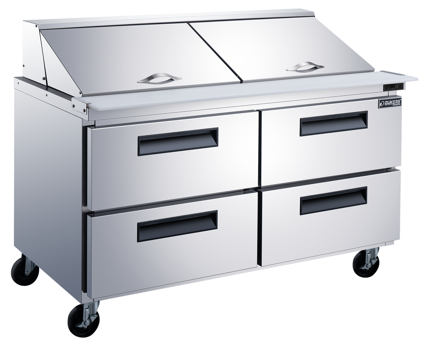 Dukers DSP60-24M-D4 60 inch stainless steel megatop food prep table refrigerator with four drawers and a twenty-four pan top rail