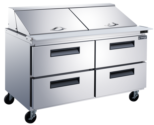 Dukers DSP60-24M-D4 60 inch stainless steel megatop food prep table refrigerator with four drawers and a twenty-four pan top rail