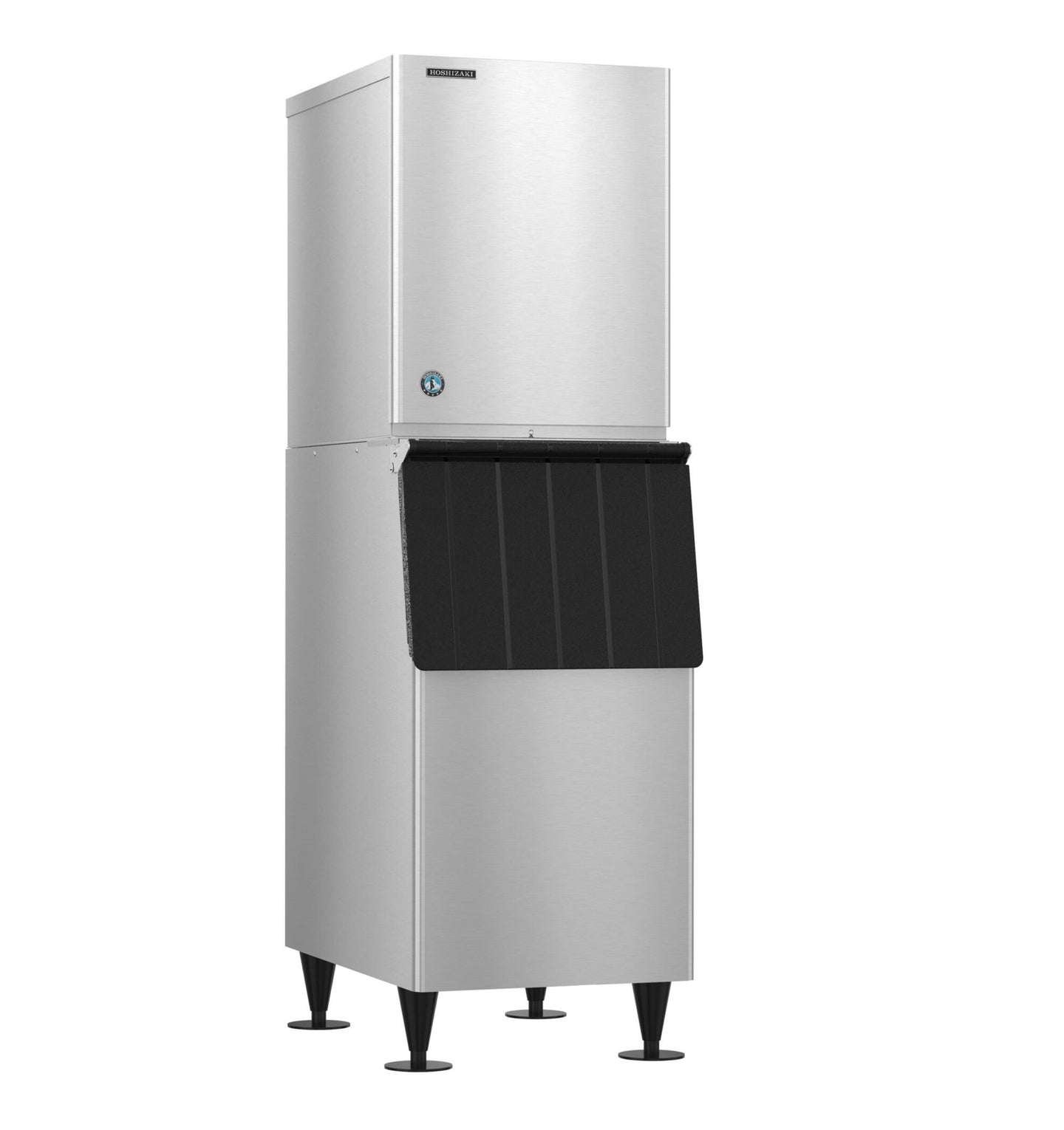 Hoshizaki KM-660MRJZ remote-cooled crescent cube ice machine head on a B-300SF bin