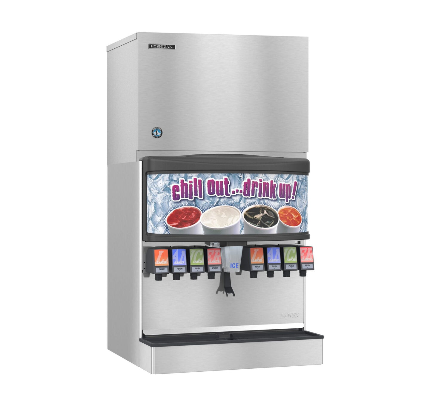 Hoshizaki KMD-505MRJZ ice machine head shown with an IBD30 ice and beverage dispenser