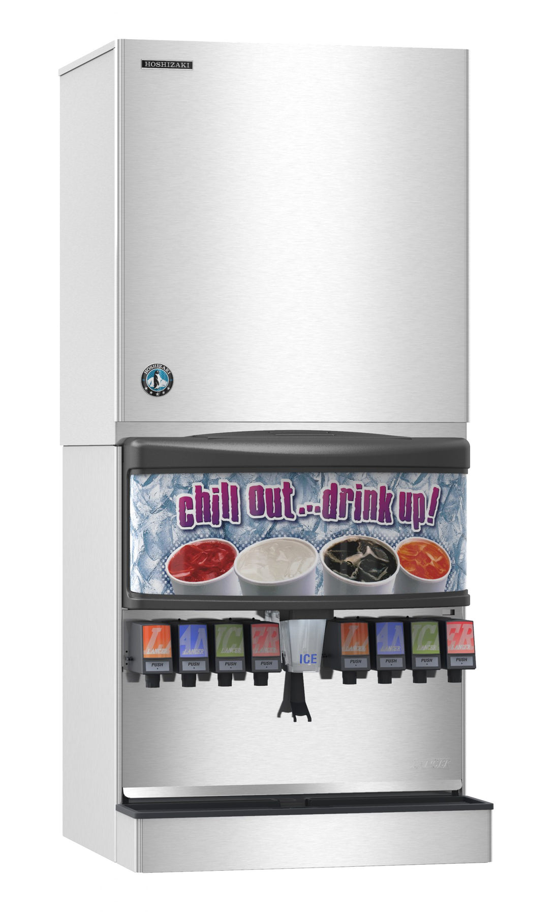 Hoshizaki KMS-2000MLJ ice machine head on a 30 inch storage bin, angled view