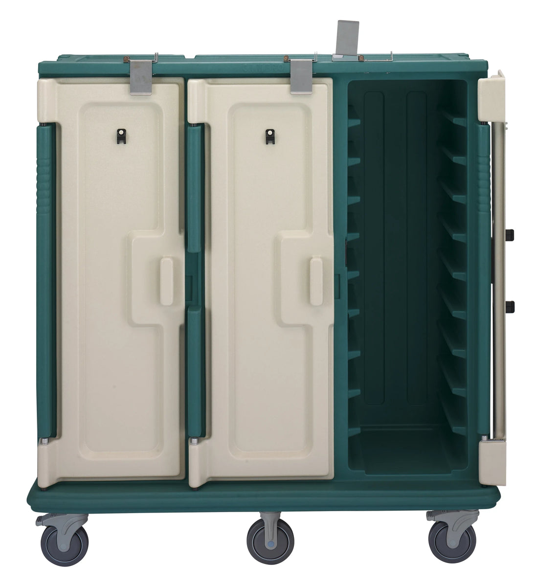 Cambro MDC1520T30192 tall 30 tray meal delivery cart in Granite Green