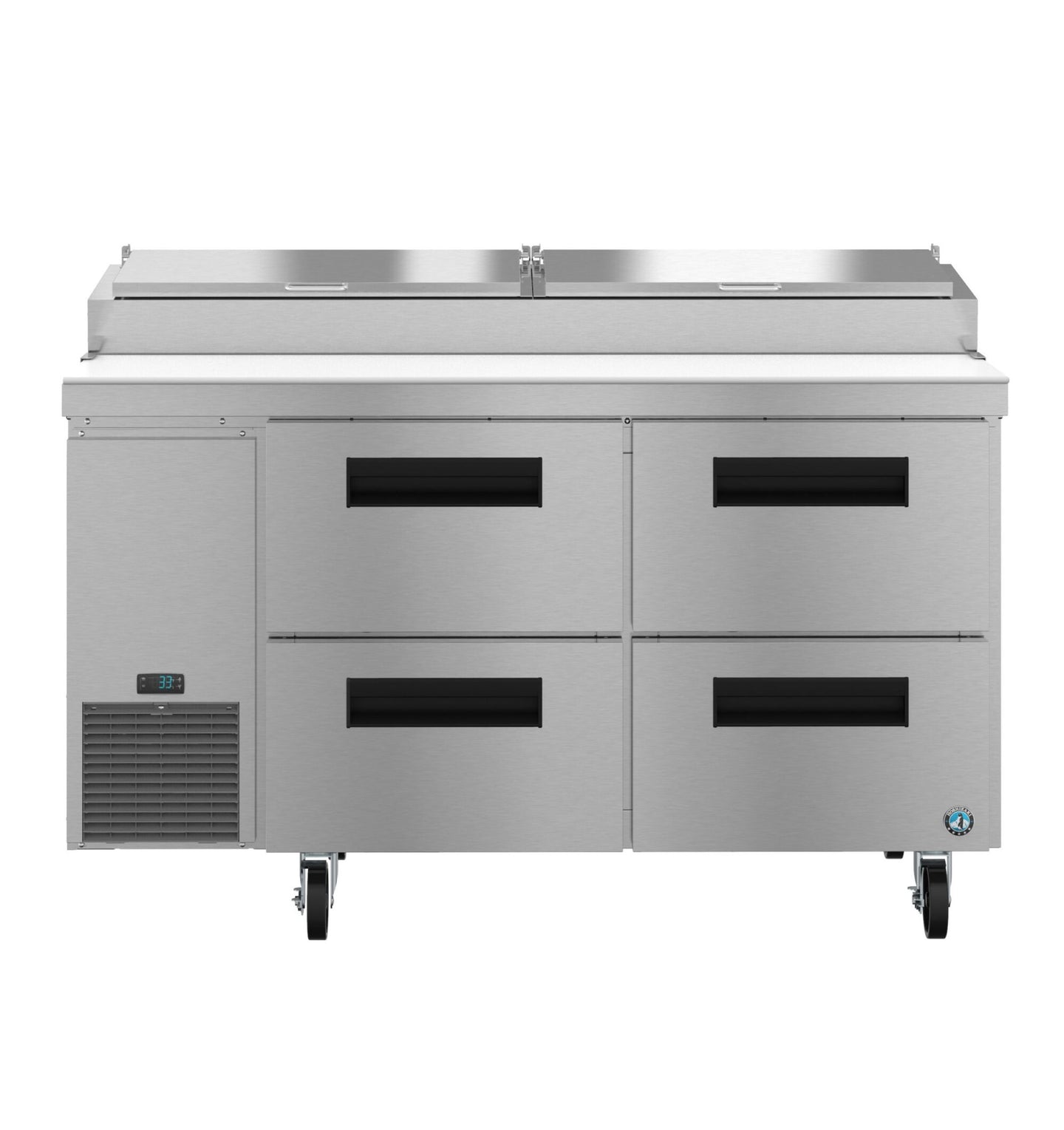 Hoshizaki PR60B-D4 pizza prep table front view showing pan rail and drawer bank