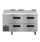 Hoshizaki PR60B-D4 pizza prep table front view showing pan rail and drawer bank