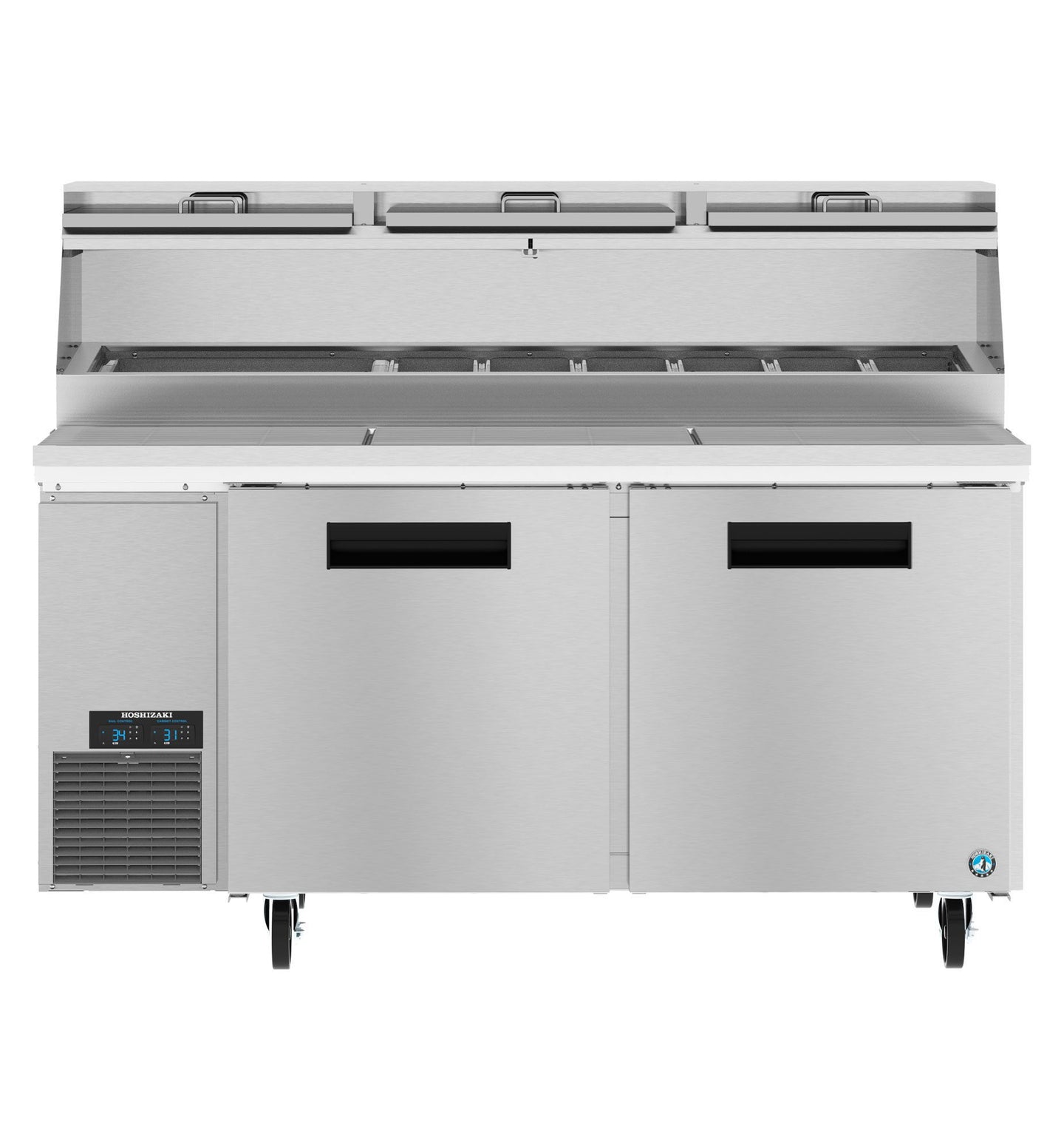 Hoshizaki PR67B-Z pizza prep table front view with refrigerated catch pans