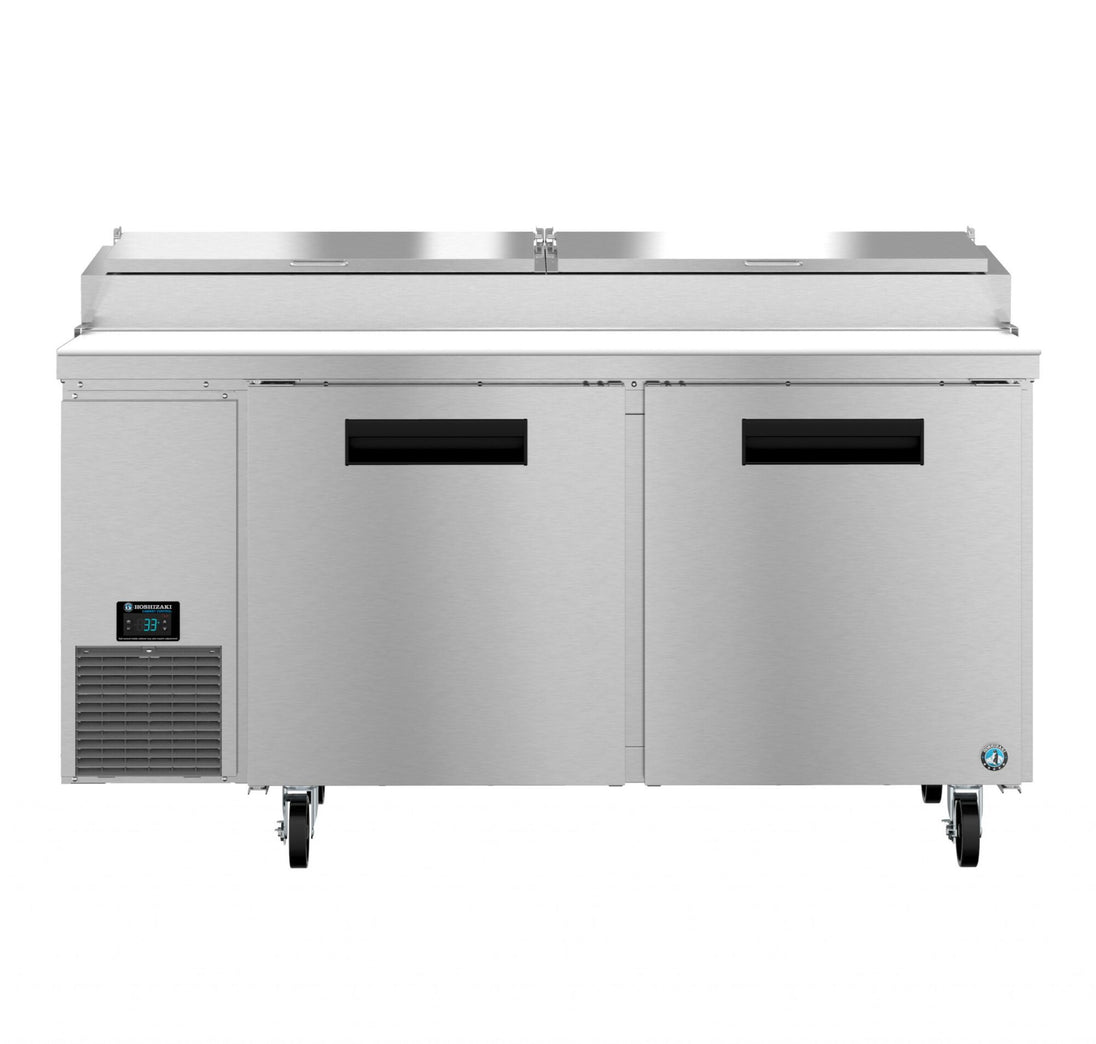 Front view of the Hoshizaki PR67B pizza prep table with stainless doors