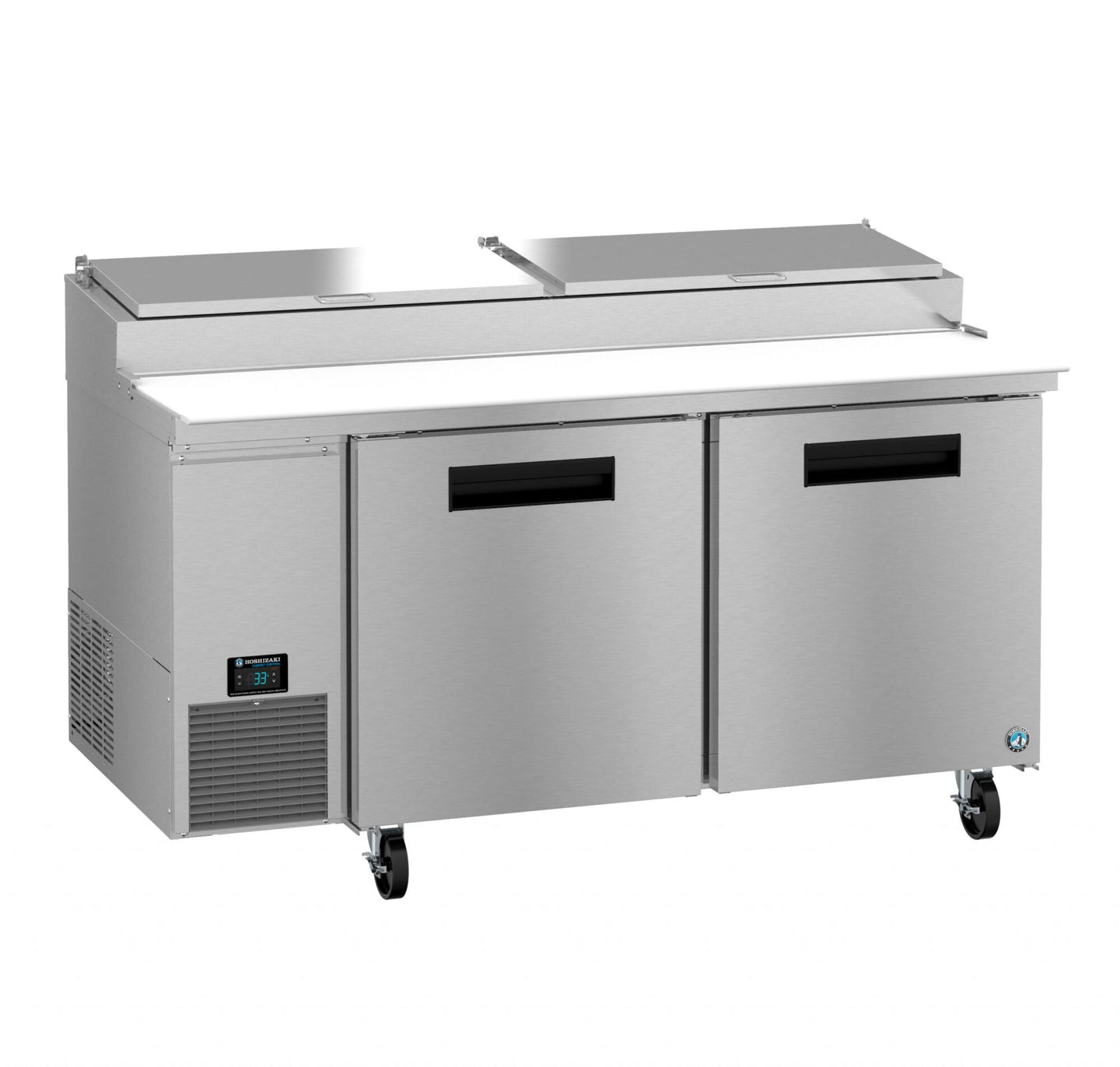 Right side view of the Hoshizaki PR67B refrigerated pizza prep table