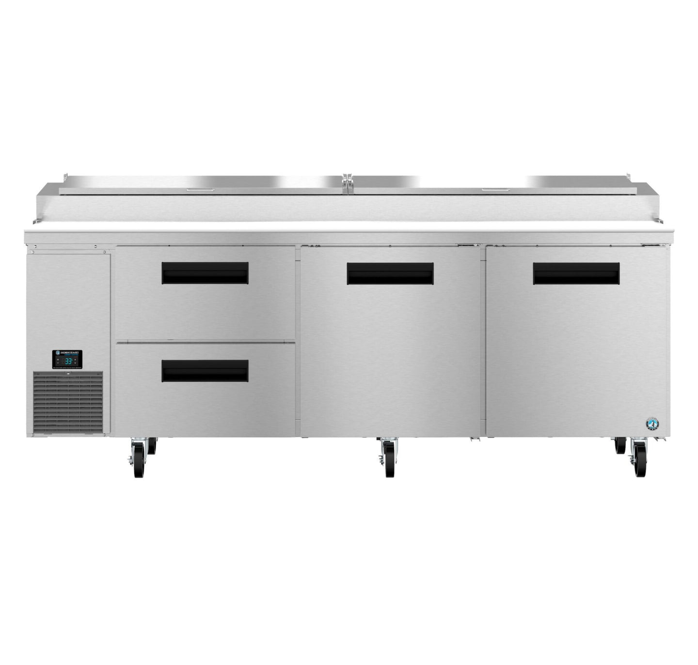 Hoshizaki PR93B-D2 pizza prep table front view showing drawer and door combination