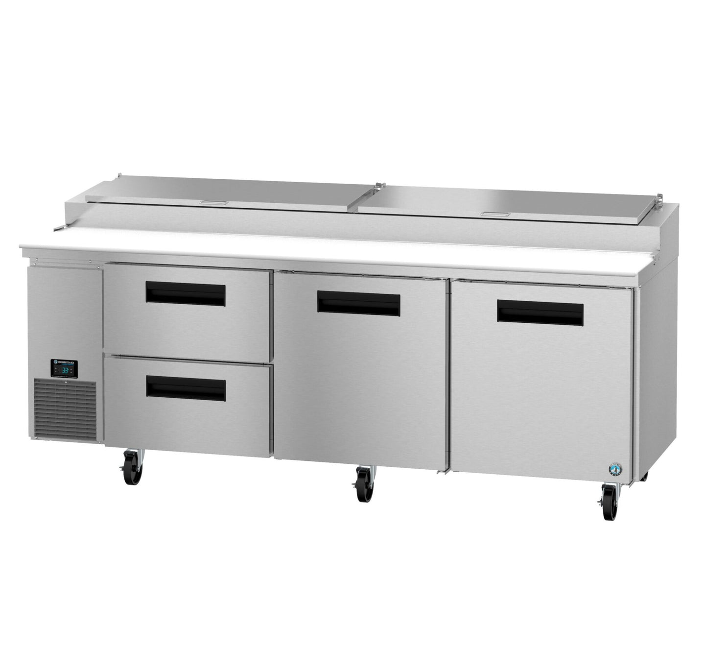 Hoshizaki PR93B-D2 93 inch Steelheart pizza prep table with two drawers and doors