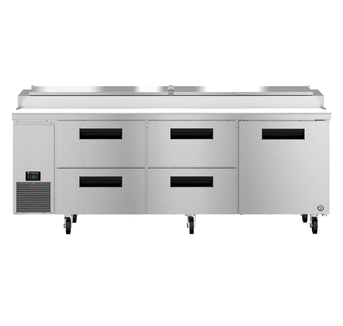 Hoshizaki PR93B-D4 pizza prep table front view showing four drawer bank and topping rail