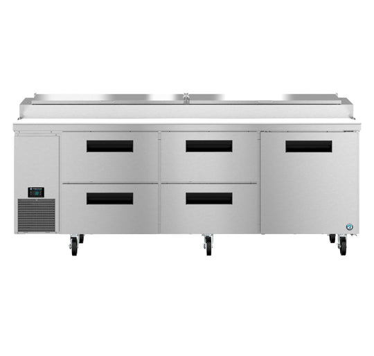 Hoshizaki PR93B-D4 pizza prep table front view showing four drawer bank and topping rail