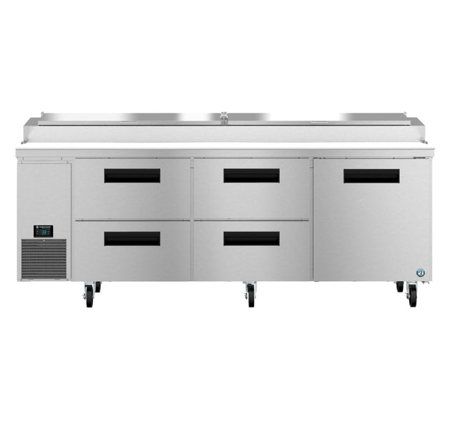 Hoshizaki PR93B-D4 pizza prep table front view showing four drawer bank and topping rail