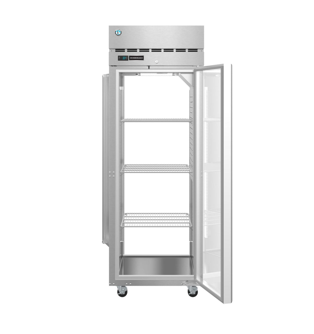 Hoshizaki PT1A-FG-FG pass-thru refrigerator shown with the glass door open