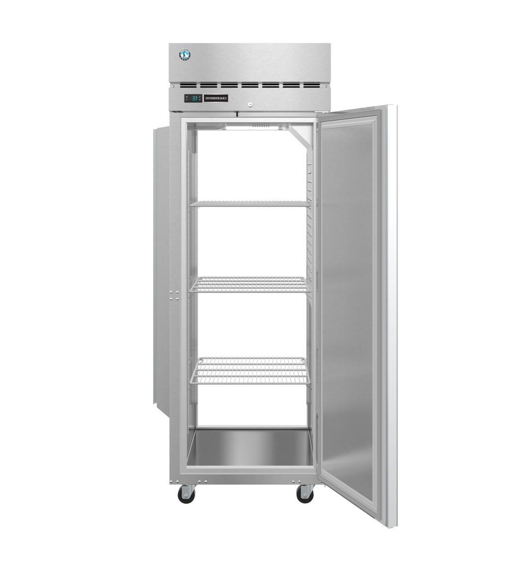 Hoshizaki PT1A-FS-FS pass-thru refrigerator with the stainless door open showing shelving