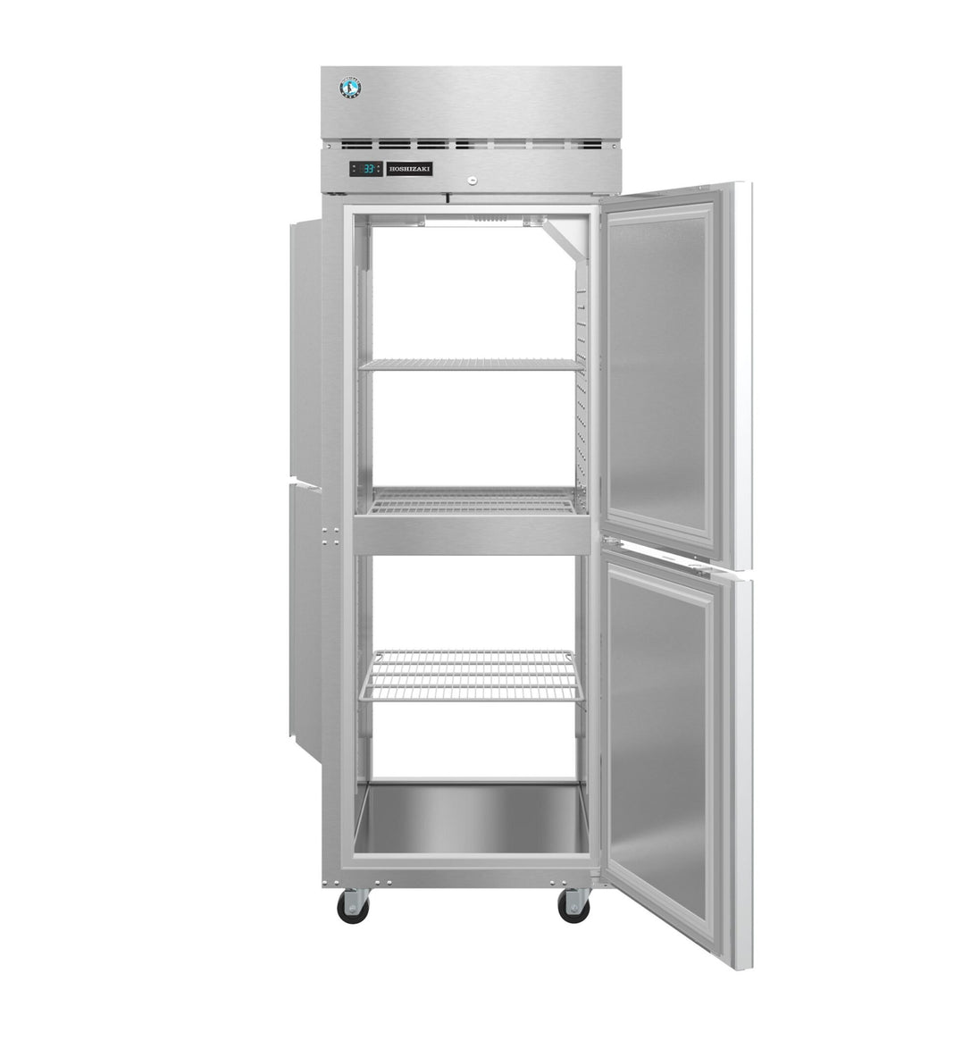 Hoshizaki PT1A-HS-HS pass-thru refrigerator with half doors open showing interior shelving