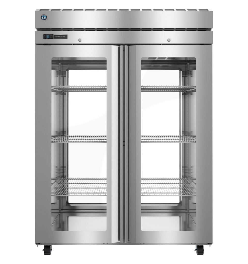 Hoshizaki PT2A-FGE-FGE two section glass door pass-thru refrigerator front view