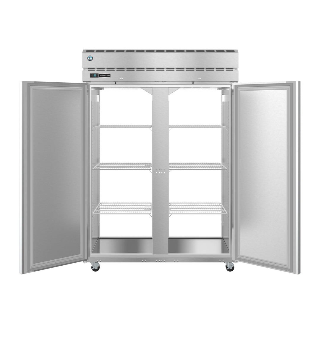 Hoshizaki PT2A-FS-FS pass-thru refrigerator with doors open showing interior shelving