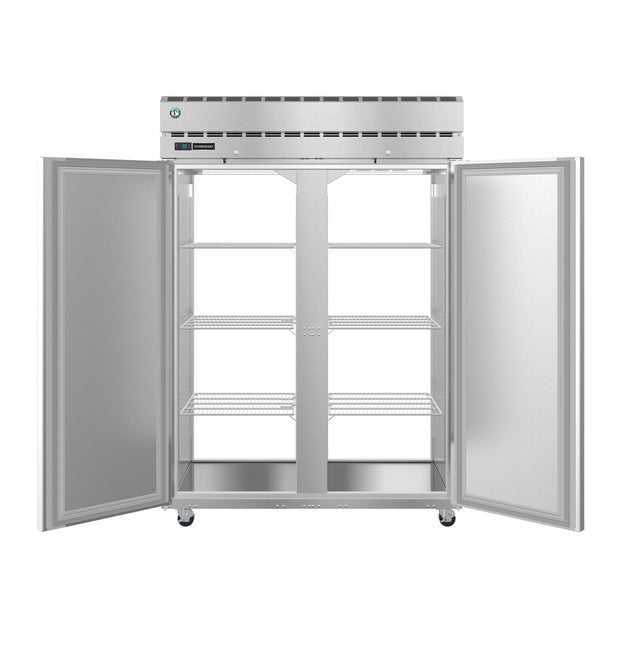Hoshizaki PT2A-FS-FS pass-thru refrigerator with doors open showing interior shelving