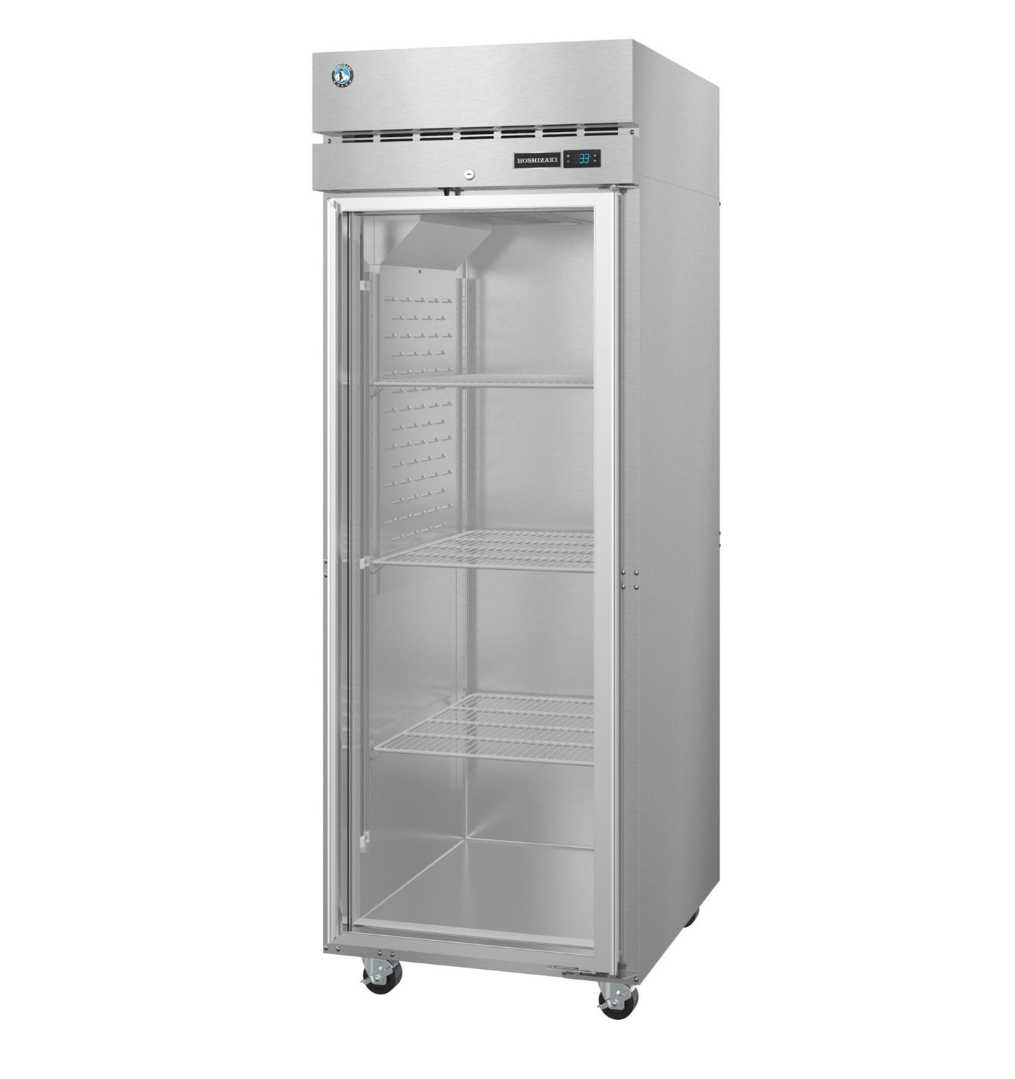 Left side view of the Hoshizaki R1A-FG glass door reach-in refrigerator