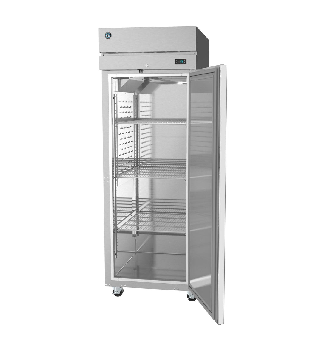 Hoshizaki R1A-FS reach-in refrigerator with the door open showing the interior